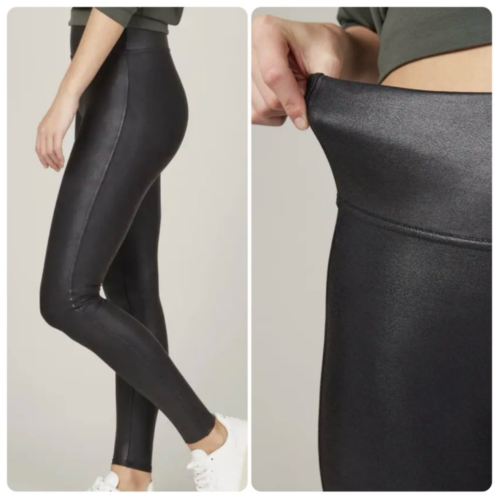 Spanx Faux Leather Black Shimmer Metallic Slimming Leggings Pants Women's XL - Picture 3 of 12